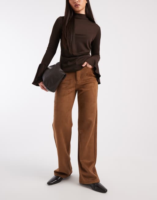 Pantalones marrón claro de talle alto y pernera ancha de antelina de Vero Moda, 2 de 5