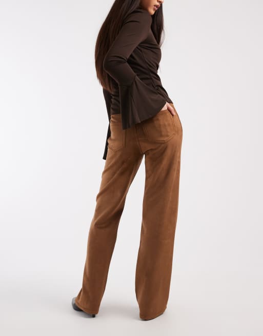 Pantalones marrón claro de talle alto y pernera ancha de antelina de Vero Moda, 4 de 5
