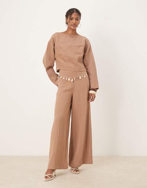 Pantalones marrón topo de talle alto con cinturilla estilo corsé de mezcla de lino efecto rugoso de ASOS DESIGN (parte de un conjunto) - view 1