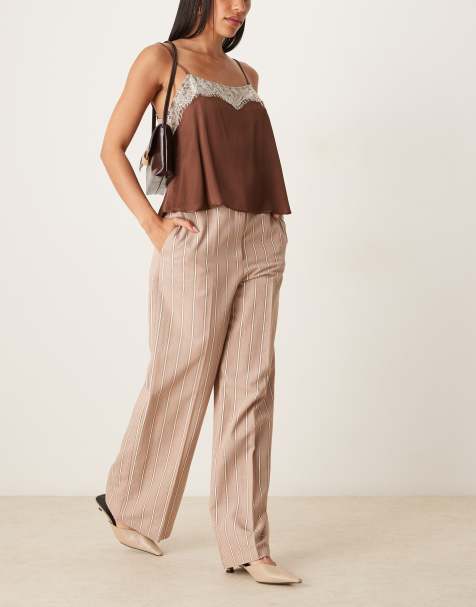 Pantalones marrón visón a rayas de pernera recta holgada de mezcla de lino de ASOS DESIGN - view 1