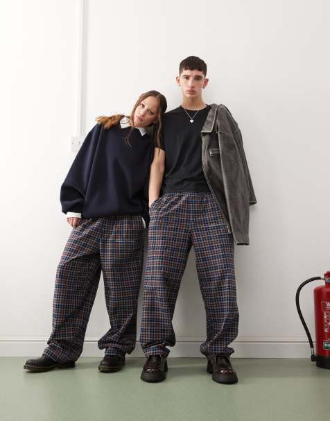 Pantalones marrones a cuadros unisex holgados de tejido grueso de Reclaimed Vintage - view 1