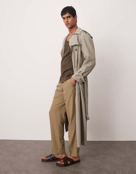 Pantalones marrones con raya diplomática fina de mezcla de lino de Mango - view 1