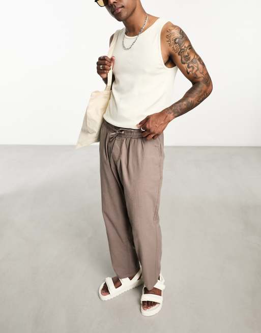 Pantalones marrones de corte ancho con cordón ajustable de mezcla de lino de Jack & Jones Intelligence