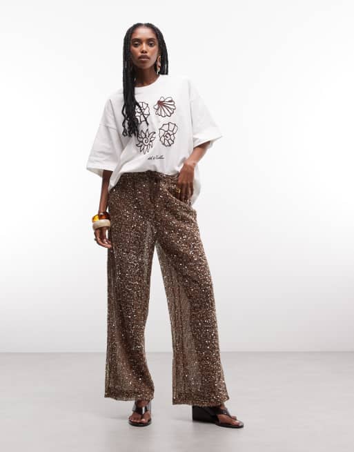 Pantalones marrones de pernera ancha de croché transparente con lentejuelas de ASOS DESIGN, 2 de 7