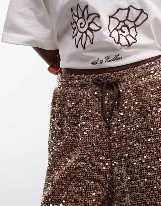 Pantalones marrones de pernera ancha de croché transparente con lentejuelas de ASOS DESIGN, 3 de 7