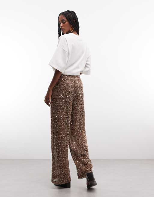 Pantalones marrones de pernera ancha de croché transparente con lentejuelas de ASOS DESIGN, 4 de 7