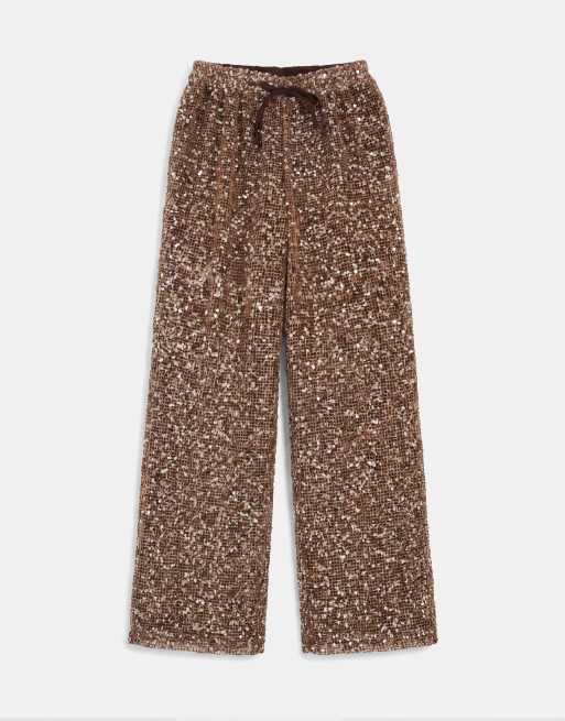 Pantalones marrones de pernera ancha de croché transparente con lentejuelas de ASOS DESIGN, 6 de 7