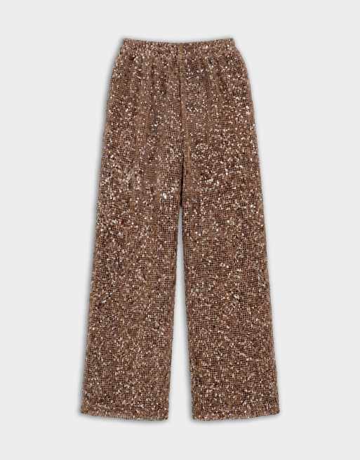 Pantalones marrones de pernera ancha de croché transparente con lentejuelas de ASOS DESIGN, 7 de 7