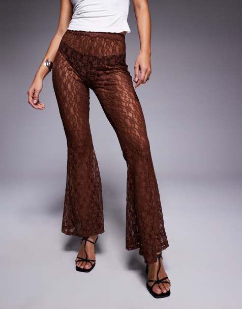 Pantalones marrones traslúcidos de corte muy acampanado y talle alto de encaje de ASOS DESIGN - view 1