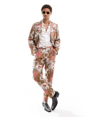 Pantalones multicolores de corte slim con diseño floral llamativo de jacquard de Twisted Tailor