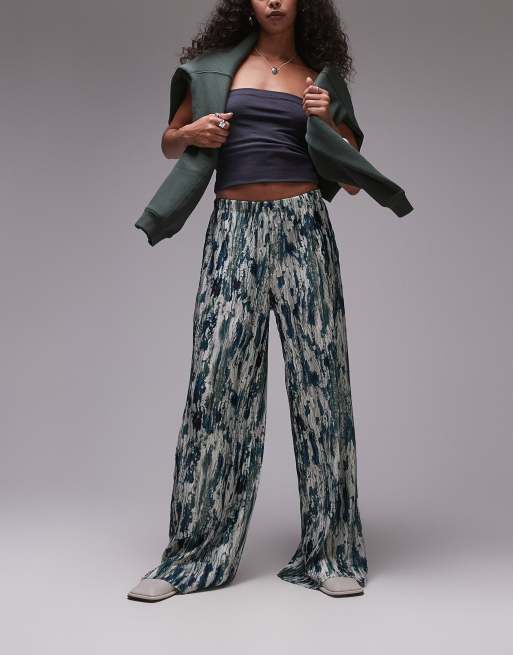 Pantalones multicolores plisados de pernera ancha con estampado efecto tinta derramada de Topshop
