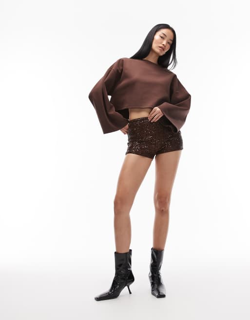 Pantalones muy cortos marrón chocolate de lentejuelas de ASOS DESIGN, 2 de 5