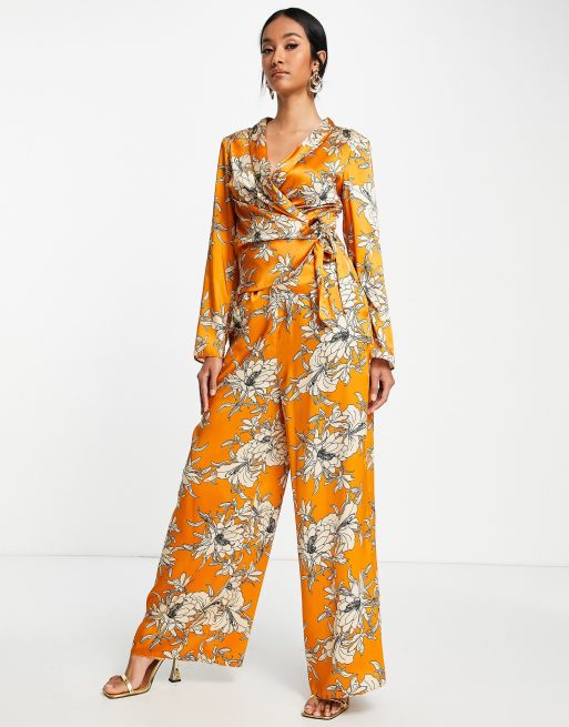 Pantalones naranjas de pernera ancha con estampado floral de satén de ASOS DESIGN (parte de un conjunto) , 4 de 4