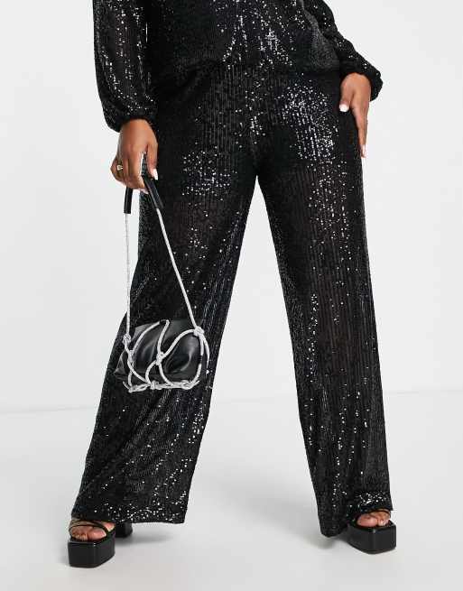 Pantalones negro metalizado brillante de pernera ancha de Flounce London  Plus (parte de un conjunto) | ASOS