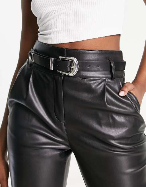 Pantalones negros con cintura paperbag de tejido efecto cuero de Morgan, 3 de 4