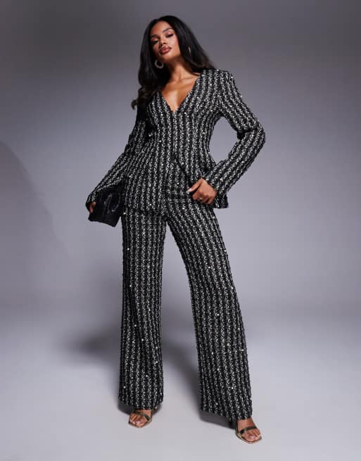 Pantalones negros de bouclé con adornos de perlas de ASOS LUXE (parte de un conjunto)