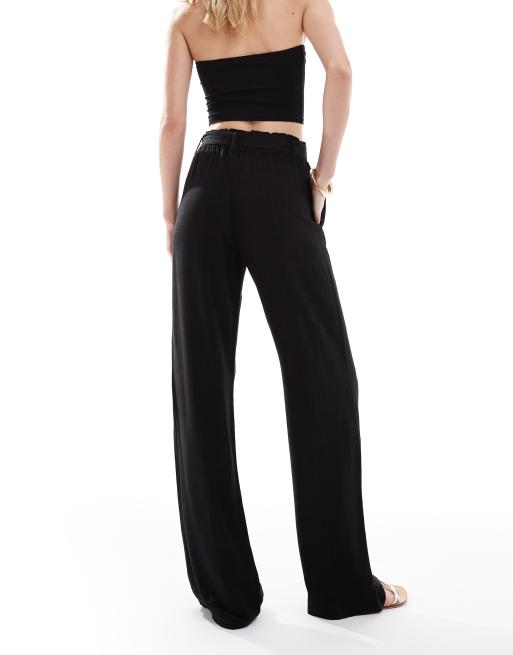 Pantalones negros de pernera ancha con lazada en la cintura de mezcla de lino de ONLY Tall , 5 de 5