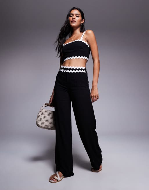 Pantalones negros de pernera ancha con ribete festoneado en la cintura de algodón de Missyempire (parte de un conjunto)