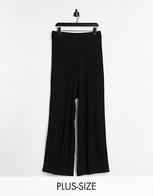Pantalones negros de pernera ancha de canalé suave Mix & Match de Loungeable Curve