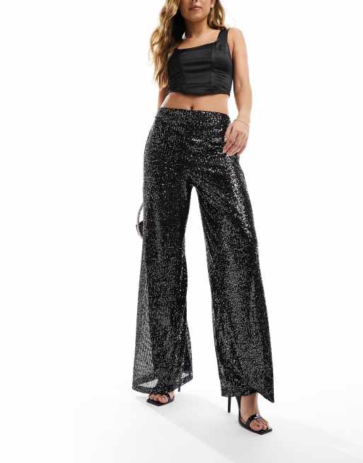 Pantalones negros de pernera ancha de lentejuelas de New Look