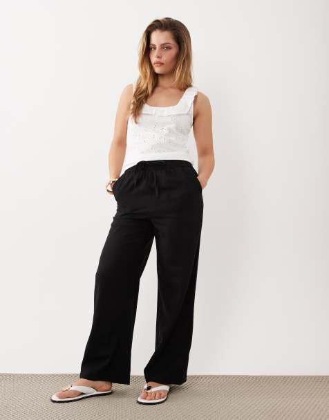 Pantalones negros de pernera ancha de mezcla de lino de New Look Petite - view 1