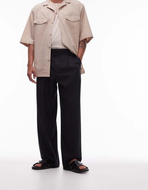 Pantalones negros de pernera ancha de mezcla de lino de Topman