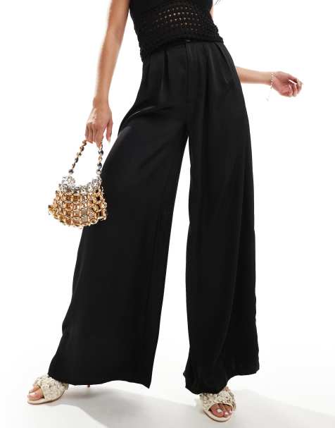 Pantalones negros de pernera ancha de satén exclusivos de Kaiia - view 1