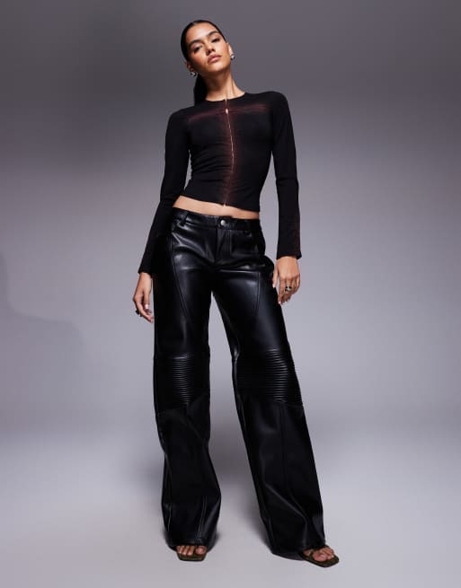 Pantalones negros de talle medio y pernera recta con detalle de costura de tejido efecto cuero Kristie de I.AM.GIA