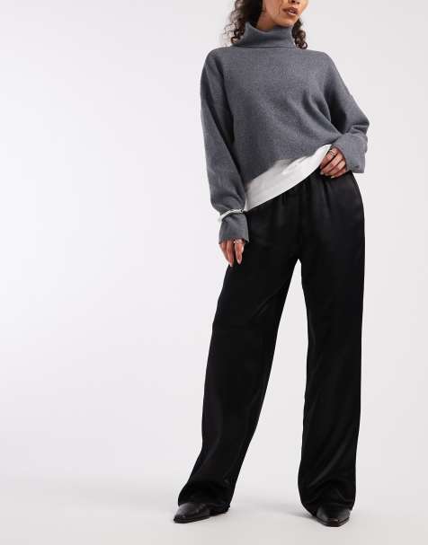 Pantalones negros sin cierres de pernera ancha de satén de ASOS DESIGN - view 1