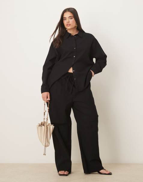 Pantalones negros sin cierres de tejido efecto lino de ASOS DESIGN Curve (parte de un conjunto) - view 1