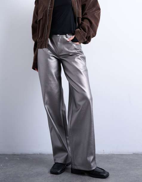 Pantalones plateado metalizado con trabilla de cuero sintético de Topshop - view 1