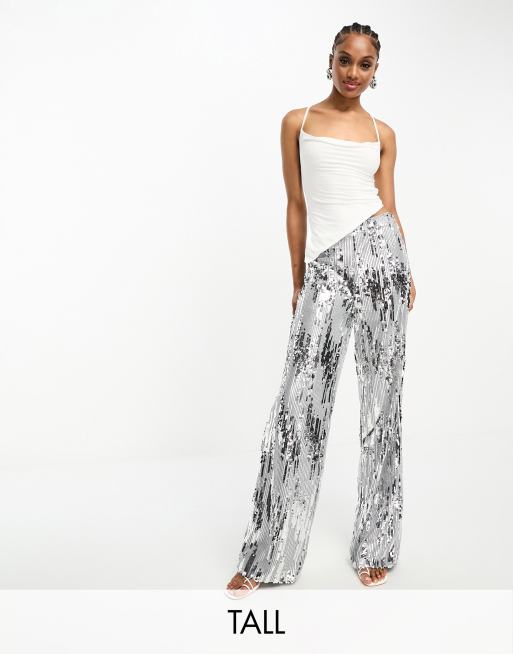 Pantalones plateados a rayas de lentejuelas de Extro & Vert Tall
