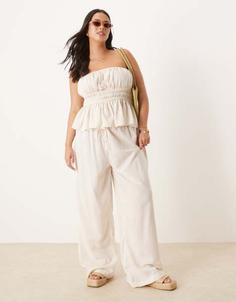Pantalones playeros beis de pernera ancha de mezcla de lino Belle de ASOS DESIGN Curve - view 1