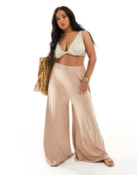 Pantalones playeros color crema de corte palazzo de punto de ASOS DESIGN Curve - view 1
