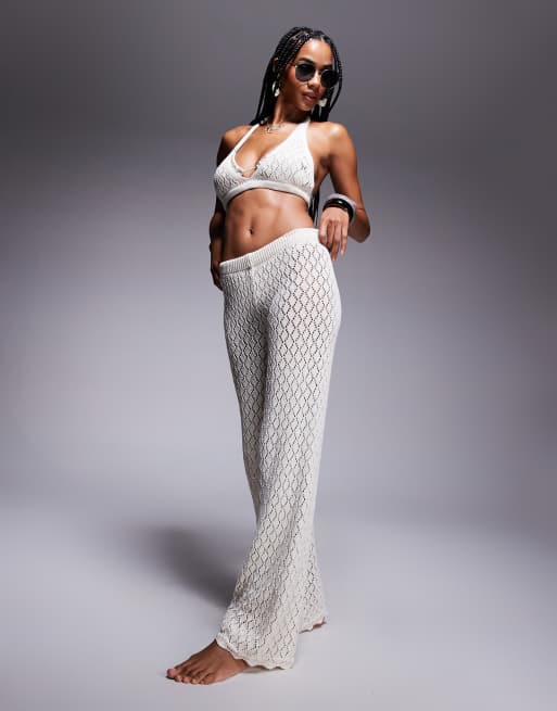 Pantalones playeros color crema de talle alto y pernera ancha de punto de Missy Empire (parte de un conjunto)