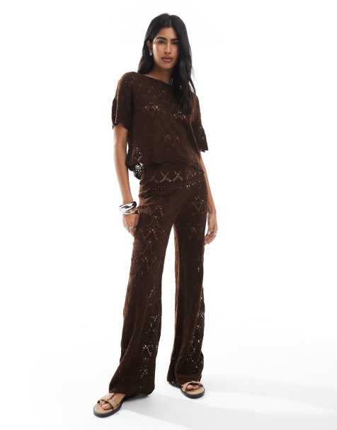 Pantalones playeros marrón chocolate de pernera recta de croché de Miss Selfridge (parte de un conjunto) - view 1