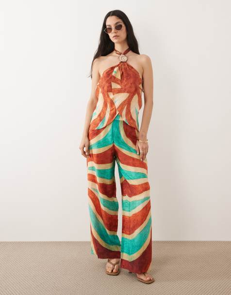 Pantalones playeros marrones con diseño estampado ondulado de River Island - view 1