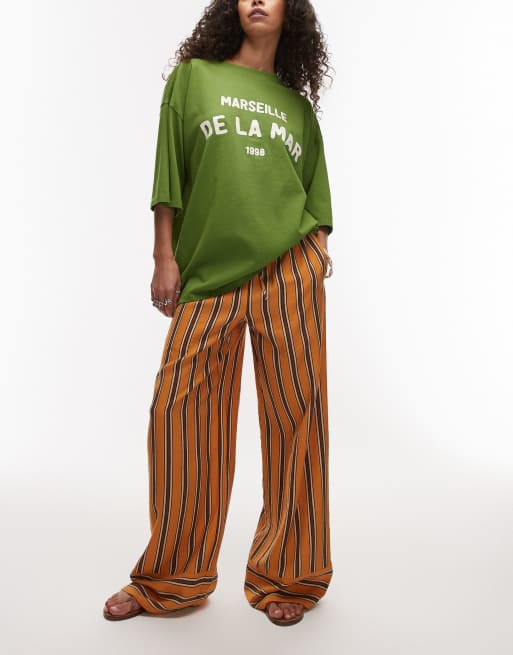Pantalones rectos naranjas a rayas color chocolate de satén de Topshop