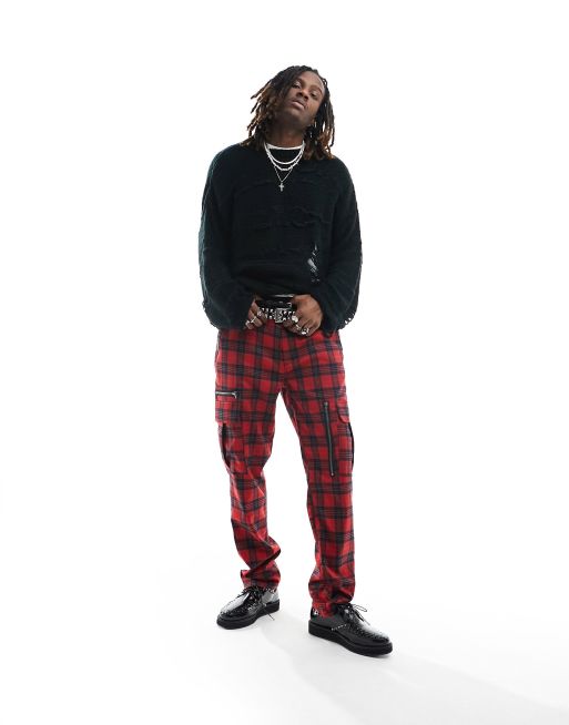 Pantalones rojos cargo a cuadros escoceses de corte recto de tejido efecto cuero de ASOS DESIGN