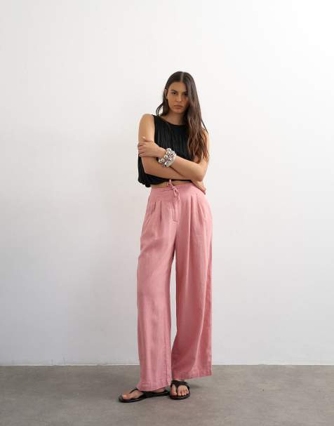 Pantalones rosa claro de corte bombacho con lazada en la cintura de lino de Topshop - view 1