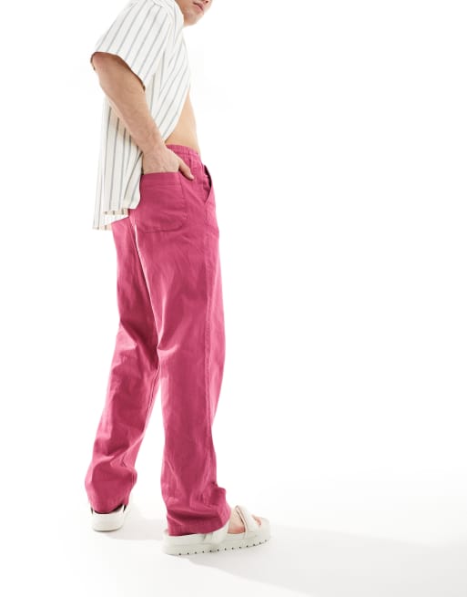 Pantalones rosas holgados con cinturilla elástica de lino de ASOS DESIGN , 5 de 5
