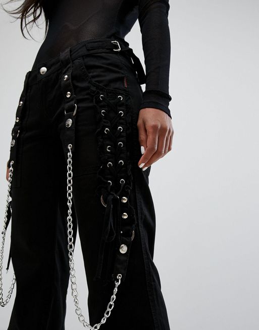 Pantalones Negros Con Cadena Cremallera Para Mujeres Moda Gótico
