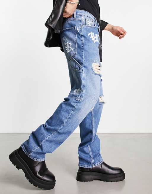 Pantalones vaqueros azules de estilo carpintero de corte holgado Old English de Karl Kani
