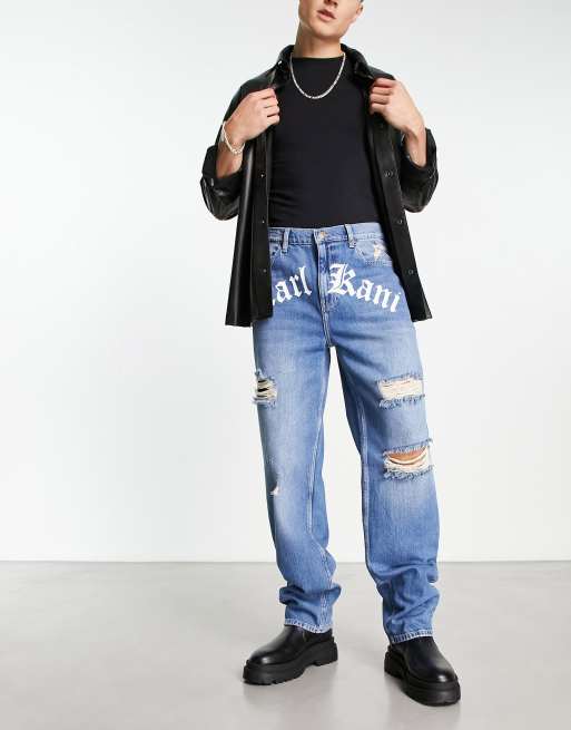 Pantalones vaqueros azules de estilo carpintero de corte holgado Old English de Karl Kani, 4 de 4