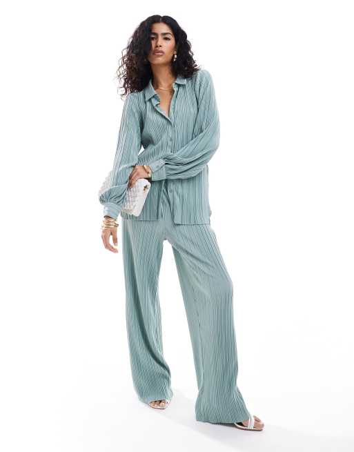 Pantalones verde brisa marina plisados de pernera ancha de Vila (parte de un conjunto)