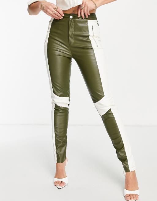 Pantalones verde caqui estilo motero con rayas color crema de poliuretano de Unique 21, 2 de 4