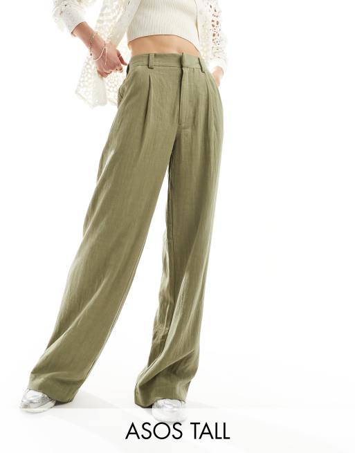 Pantalones verde oliva de pernera recta holgada de mezcla de lino de ASOS DESIGN Tall