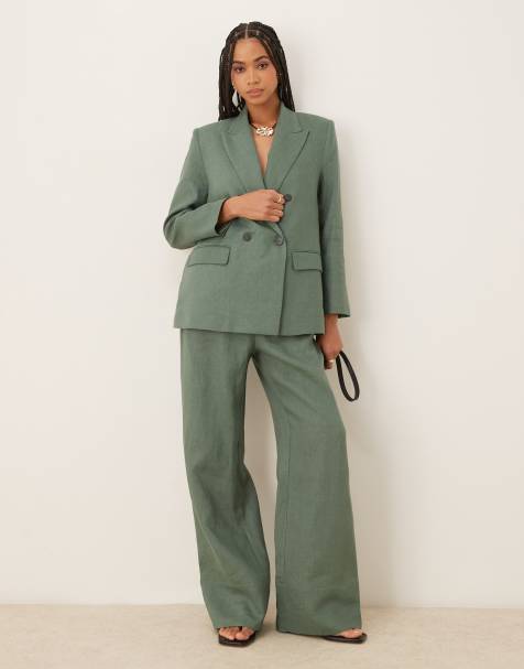 Pantalones verde salvia sueltos con lazada en la cintura de lino de Mango (parte de un conjunto) - view 1