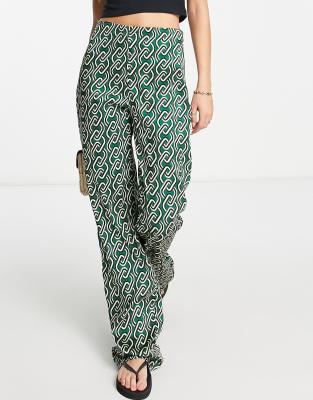 Mango chain graphic satin trouser in green - ASOS Price Checker