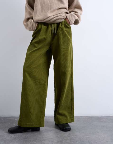 Pantalones verdes de pernera ancha con cordón ajustable de pana de Topshop - view 1
